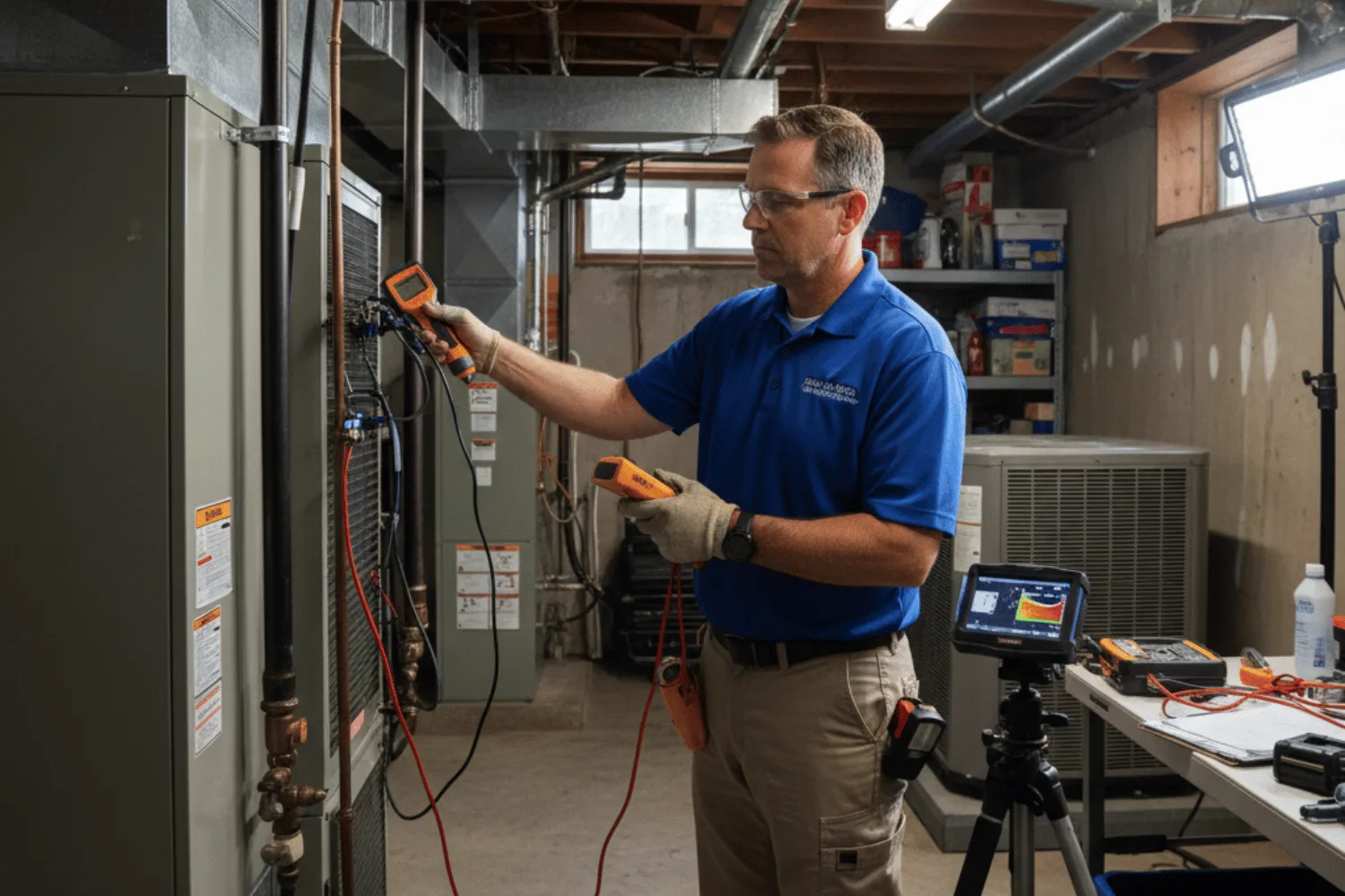 A Home Inspector Is Carefully Examining The Hvac System In A Basement Using Specialized Testing Equipment, Ensuring That All Components Are Functioning Properly. This Thorough Inspection Is Crucial For Identifying Potential Issues And Ensuring The Home'S Heating And Cooling Systems Are In Good Condition, Which Is An Important Part Of The Home Inspection Process.