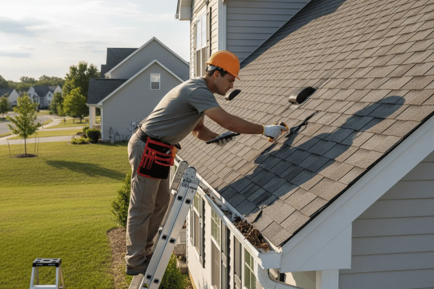 A Home Inspector Is Carefully Examining The Roof Of A House From A Ladder, Checking The Condition Of The Shingles And Gutters As Part Of A Thorough Home Inspection Process. This Visual Examination Is Crucial For Identifying Potential Issues That May Affect The Home'S Physical Condition And Safety.