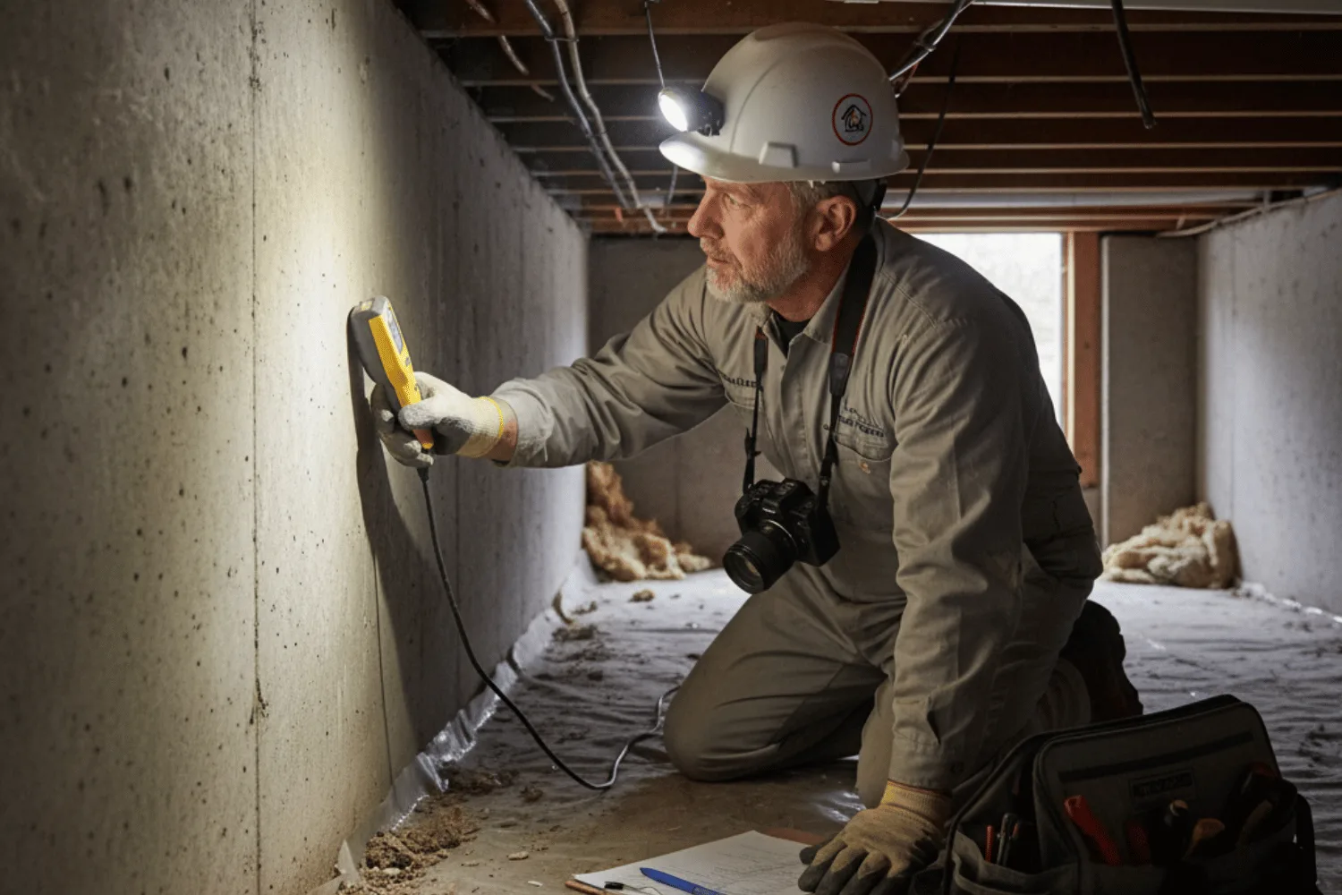 A Home Inspector Is Crouched In A Crawl Space, Examining The Foundation And Checking Moisture Levels To Identify Any Potential Issues. This Thorough Inspection Is Crucial For Understanding The Home'S Physical Condition And Ensuring It Meets Safety Standards During The Home Buying Process.