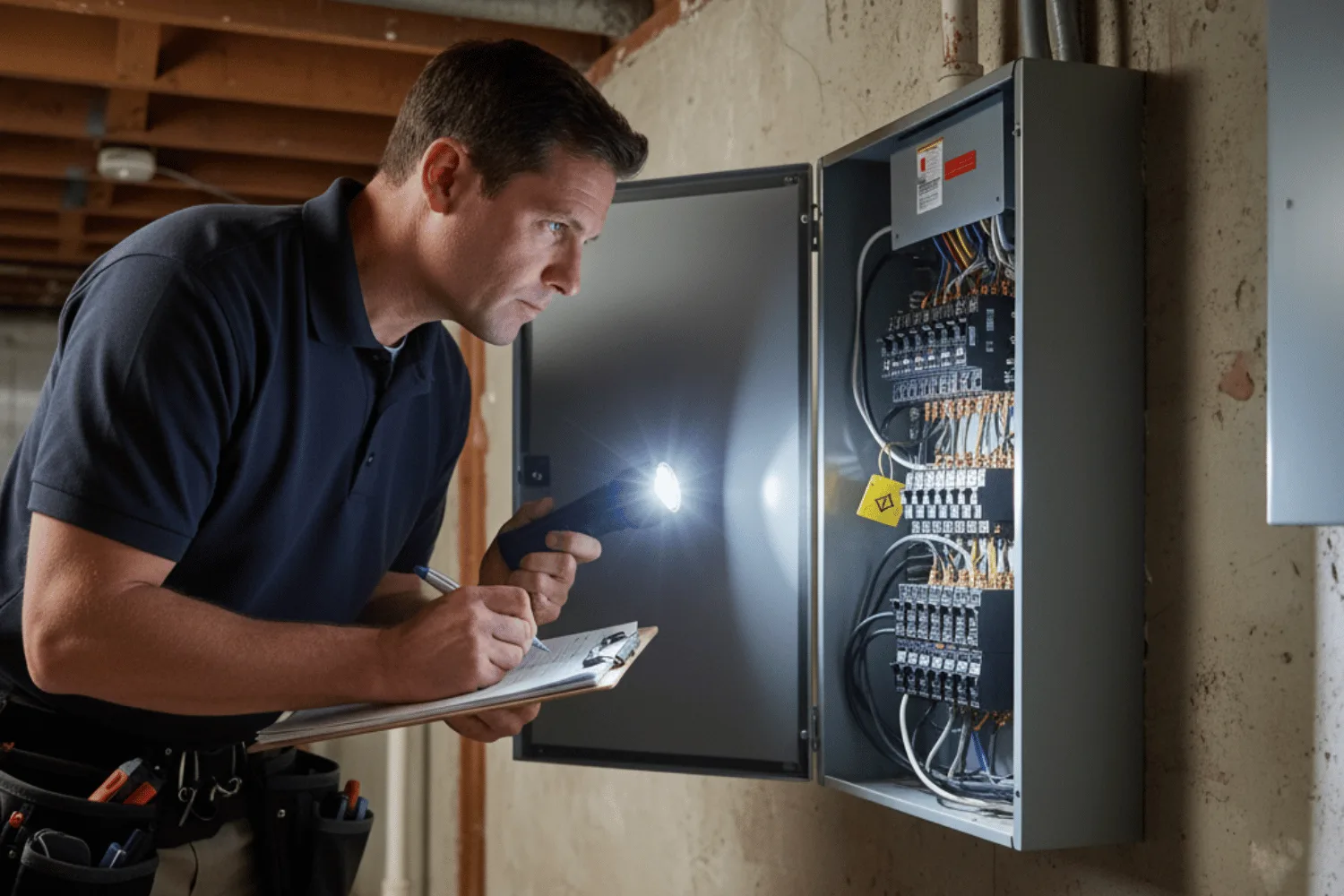 A Professional Home Inspector Is Carefully Examining An Electrical Panel Using A Flashlight And Holding A Clipboard, Ensuring A Thorough Inspection Of The Home'S Electrical Systems. This Visual Examination Is Crucial For Identifying Potential Issues And Ensuring Safety In The Home Buying Process.