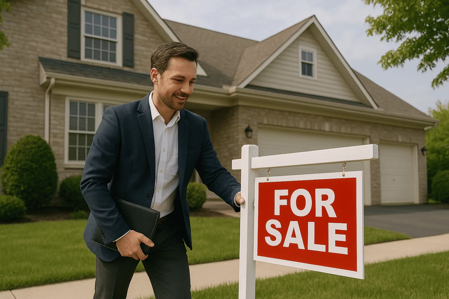 A Real Estate Agent Is Placing A &Quot;For Sale&Quot; Sign In Front Of A House, Indicating The Start Of The Home'S Selling Process. The Sign Aims To Attract Potential Buyers And Generate Interest In The Local Real Estate Market.