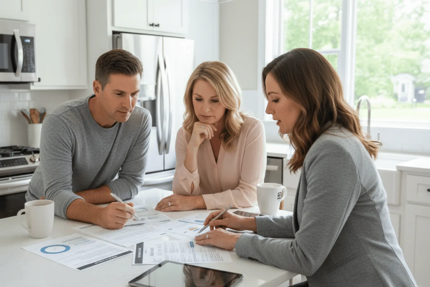 A Real Estate Agent Sits At A Kitchen Table With Home Sellers, Reviewing Multiple Offers And Discussing The Best Strategies For Their Home Sale. The Atmosphere Is Focused And Collaborative As They Navigate The Selling Process, Considering Buyer Demand And Market Trends.