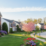 A Vibrant Columbia, Mo Neighborhood With Blooming Flowers And Green Lawns In Springmo Neighborhood In Spring