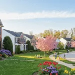 A Vibrant Columbia, Mo Neighborhood With Blooming Flowers And Green Lawns In Springmo Neighborhood In Spring