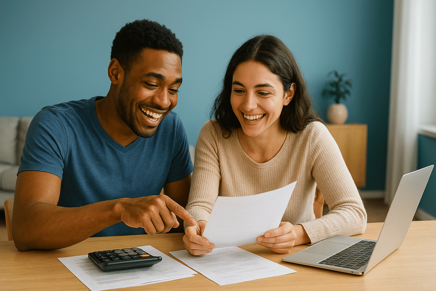 A Young Couple Sits At A Table, Reviewing Financial Documents With A Calculator And A Laptop In Front Of Them, As They Prepare For The Home Buying Process. They Are Focused On Understanding Their Down Payment Options And Monthly Mortgage Payments, Likely Discussing Closing Costs And Potential Payment Assistance Programs For Their Future House In Missouri.