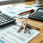 An Organized Desk Displays A Calculator Alongside Various Financial Documents And House Keys