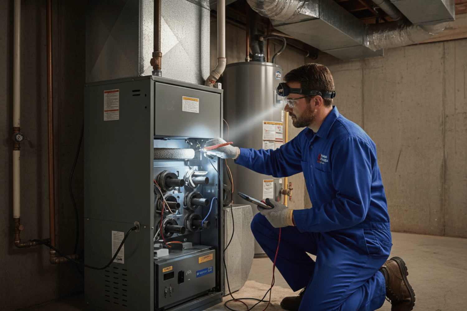 Hvac Technician Inspecting Furnace System In Fall