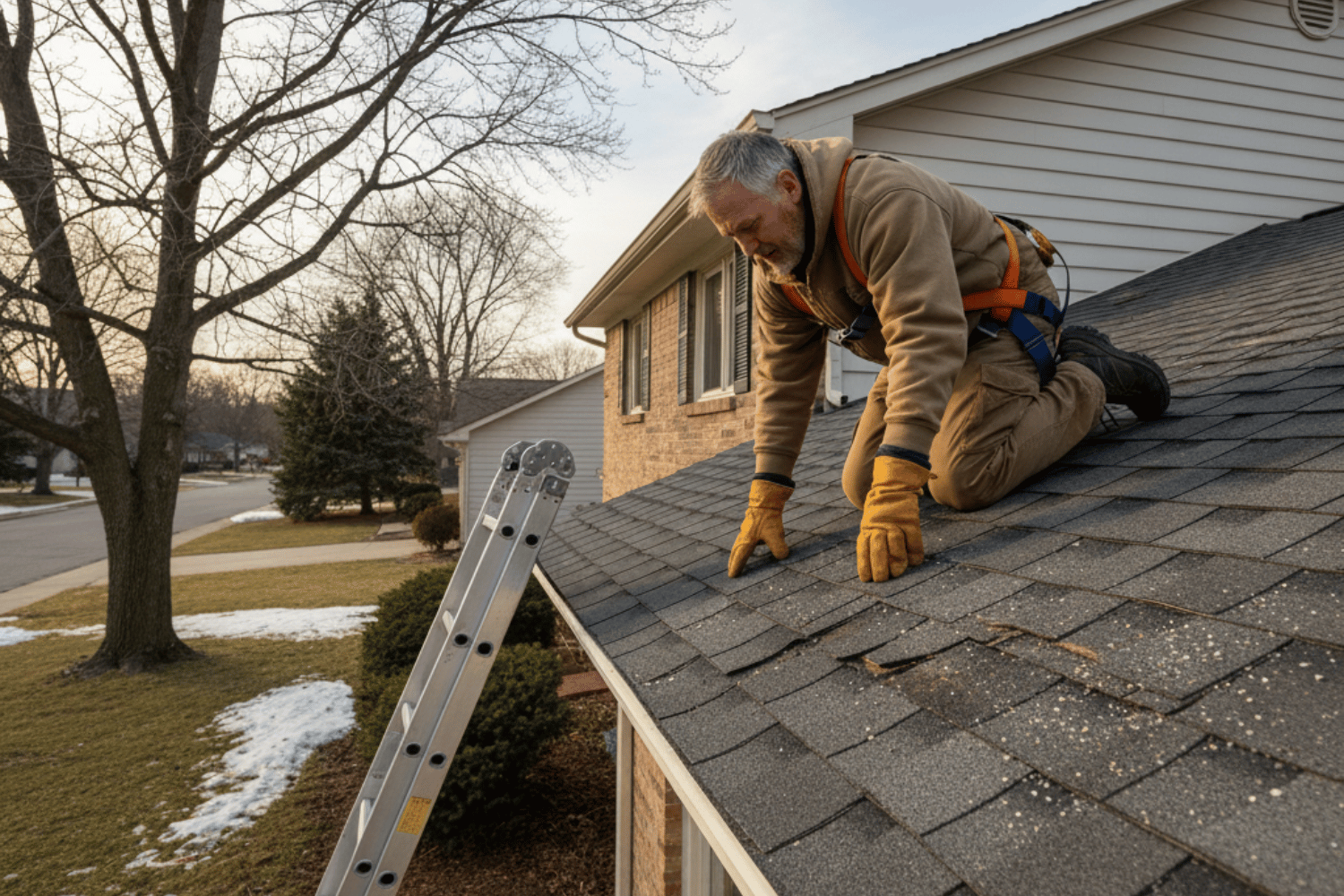 Homeowner Inspecting Roof Shingles For Damage After Winter