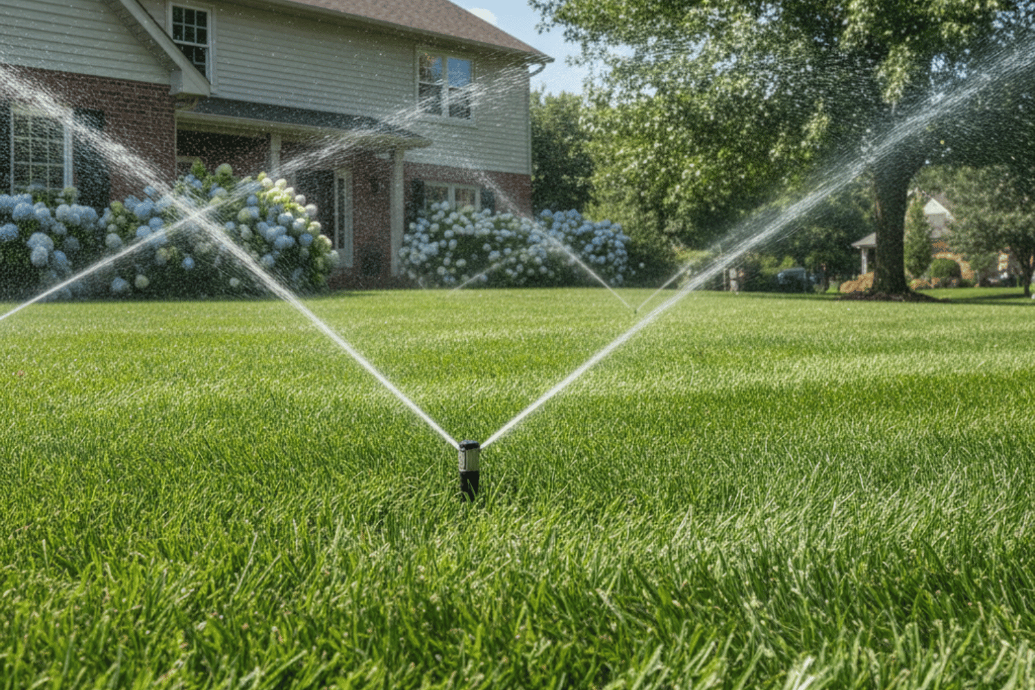 Lawn Sprinkler System Watering A Healthy Green Lawn On A Summer Day