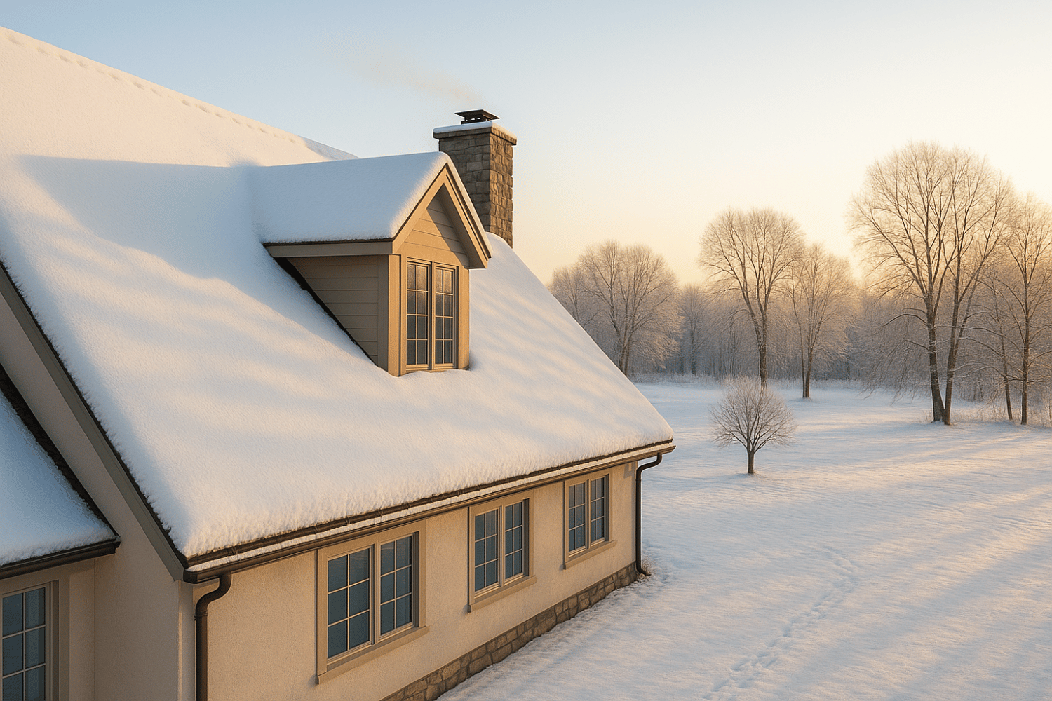 Snow-Covered Roof With Gutters Free Of Ice Dams In Winter