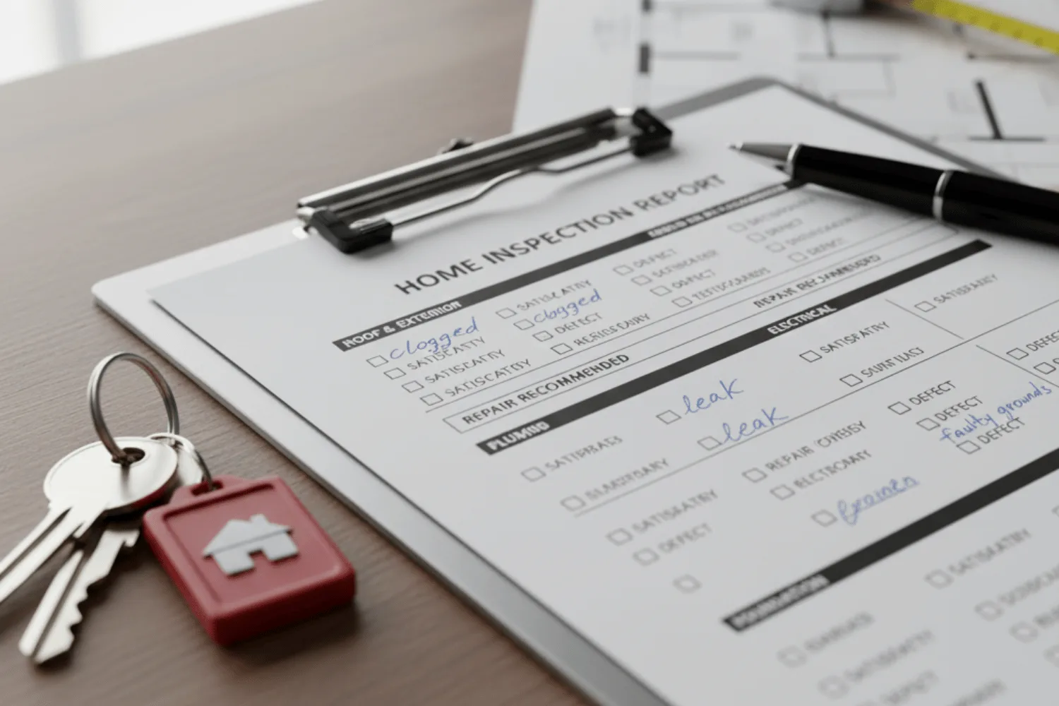 The Image Shows A Home Inspection Report Document On A Clipboard, Accompanied By A Pen And A Set Of House Keys. This Visual Emphasizes The Importance Of A Thorough Home Inspection Process, Highlighting Key Elements Such As The Inspection Report That Aids Home Buyers In Making Informed Decisions About Their Property'S Condition.