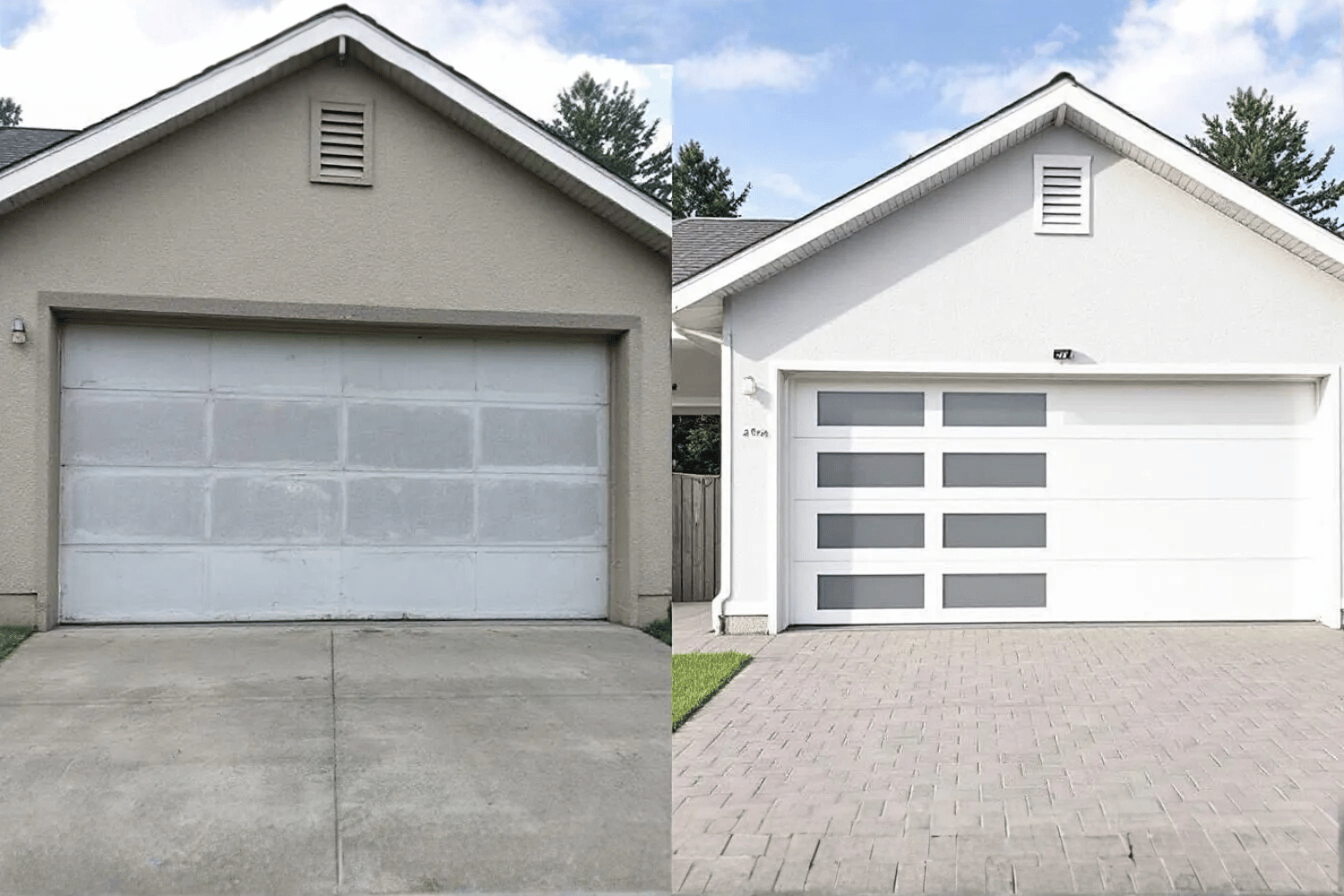 The Image Showcases A Striking Transformation Of A Home'S Curb Appeal Through The Replacement Of An Old Garage Door