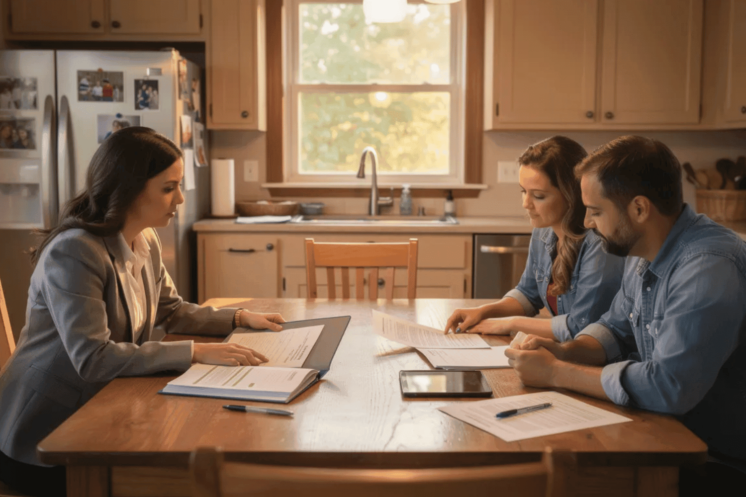 Understanding Appraisals In Mid Missouri: Why They Matter And What Affects Value 1 A Real Estate Agent Is Seated At A Kitchen Table With Clients, Reviewing Documents Related To The Home Appraisal Process In A Mid-Missouri Home.