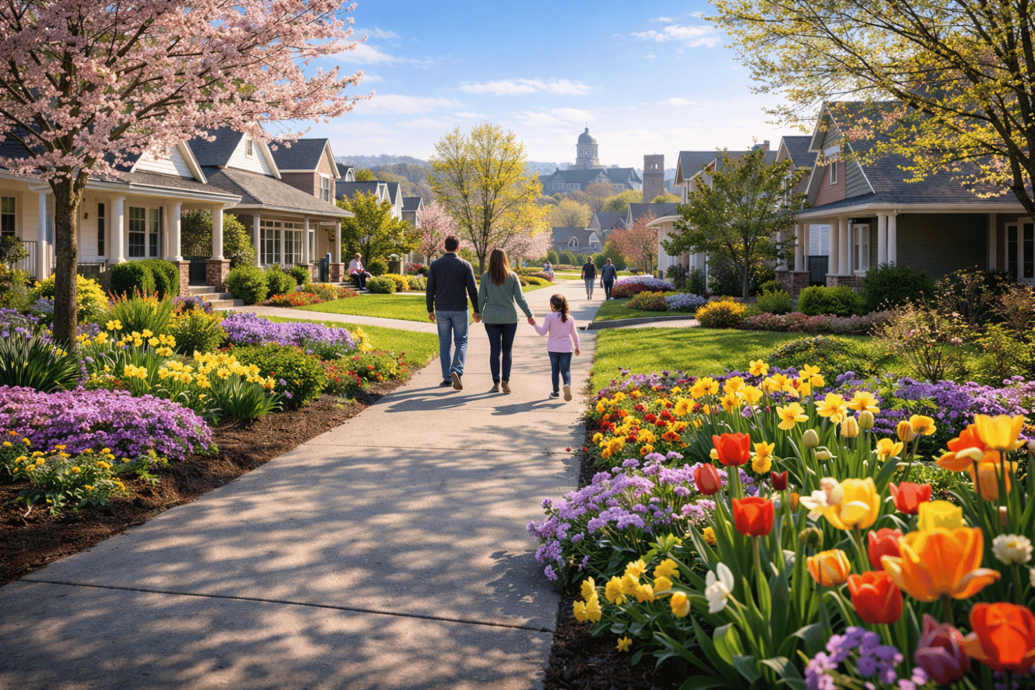 The Image Depicts A Charming Residential Street In Boone County, Adorned With Vibrant Spring Flowers Blooming In Front Yards, While Families Stroll Leisurely Along The Sidewalks. This Scene Reflects The Lively Atmosphere Of The Housing Market As It Kicks Off In March, Highlighting The Appeal Of Single-Family Homes And The Demand For Affordable Housing Options.