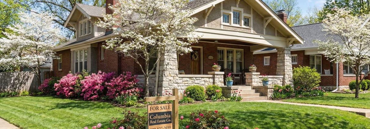 Columbia Mo Home With A Subtle For Sale Sign On A Bright Spring Day, Perfect For Listing Agent Columbia Representation