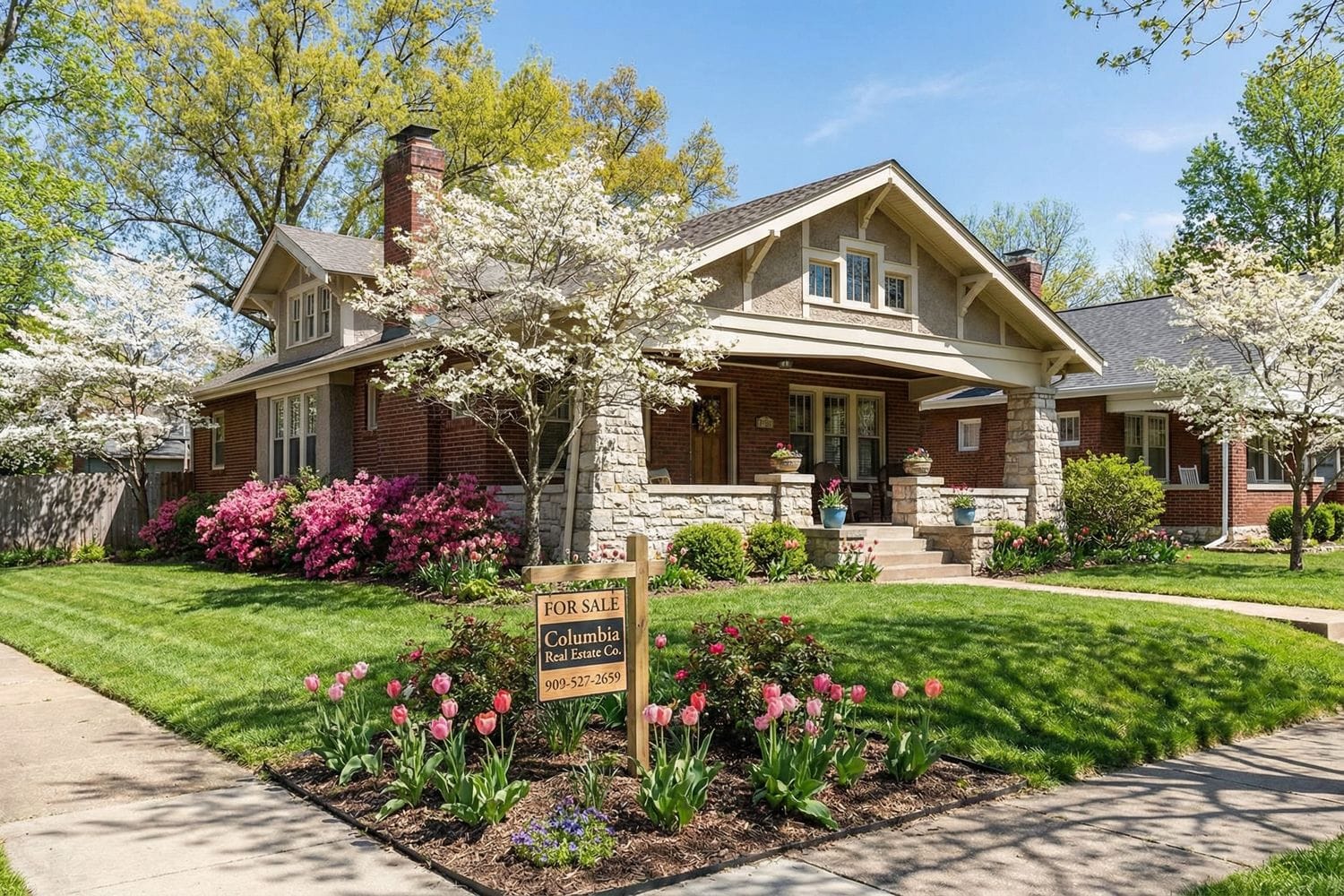 Columbia Mo Home With A Subtle For Sale Sign On A Bright Spring Day, Perfect For Listing Agent Columbia Representation