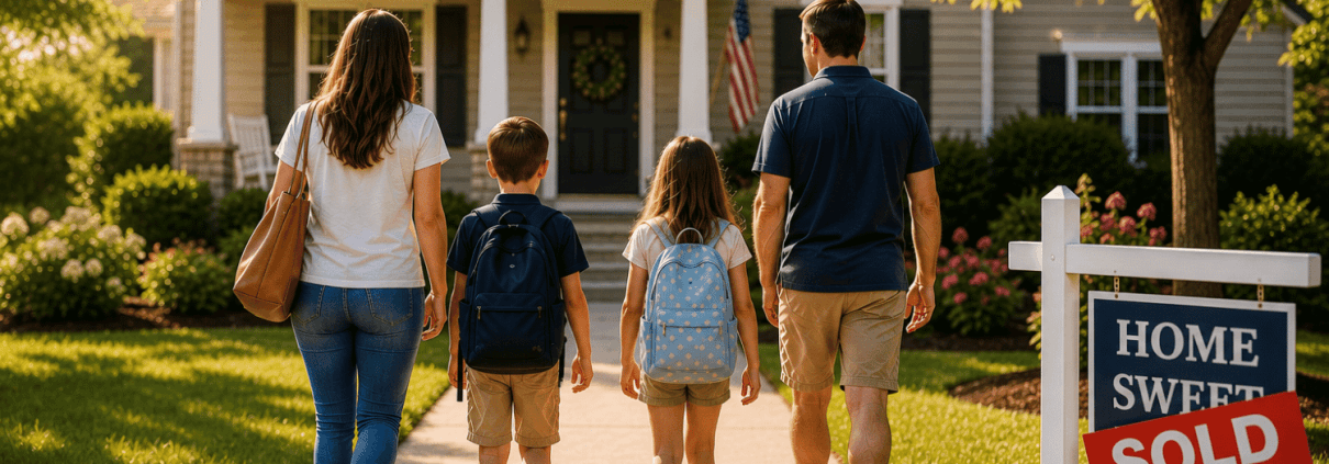 Buy Before School Starts In Columbia Mo Family Walking To New Home With Sold Sign