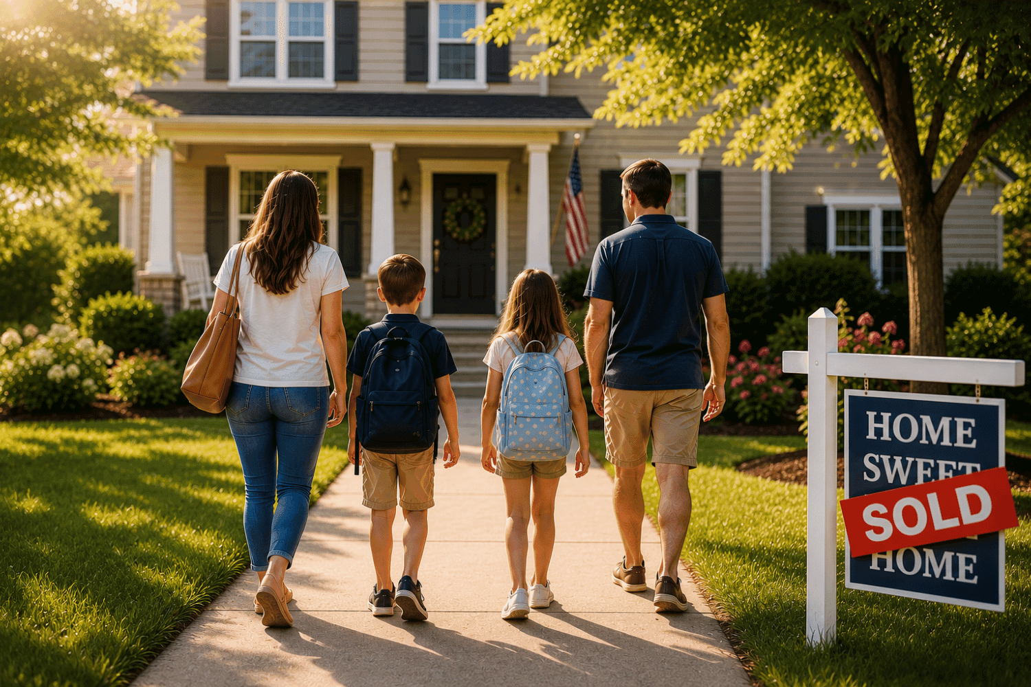 Buy Before School Starts In Columbia Mo Family Walking To New Home With Sold Sign